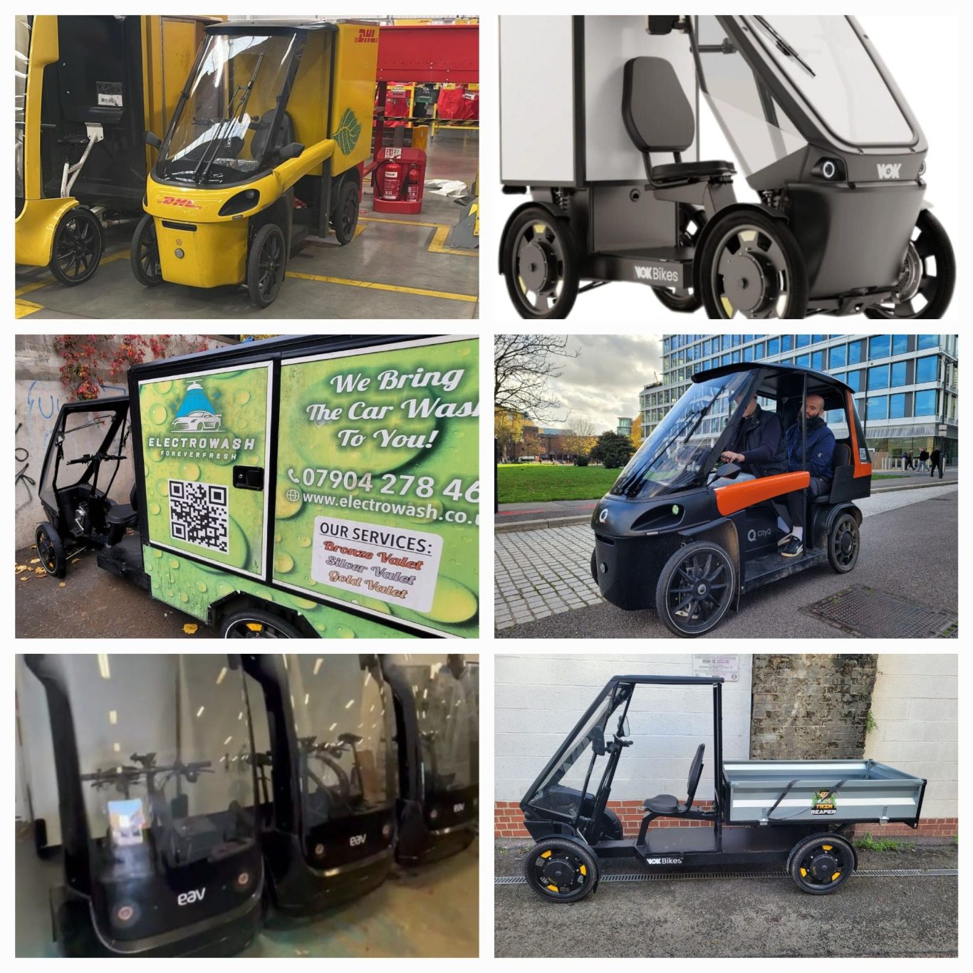 EAV, VOK, CityQ A collage of various electric utility vehicles and compact transport designs. EAV, VOK, CityQ